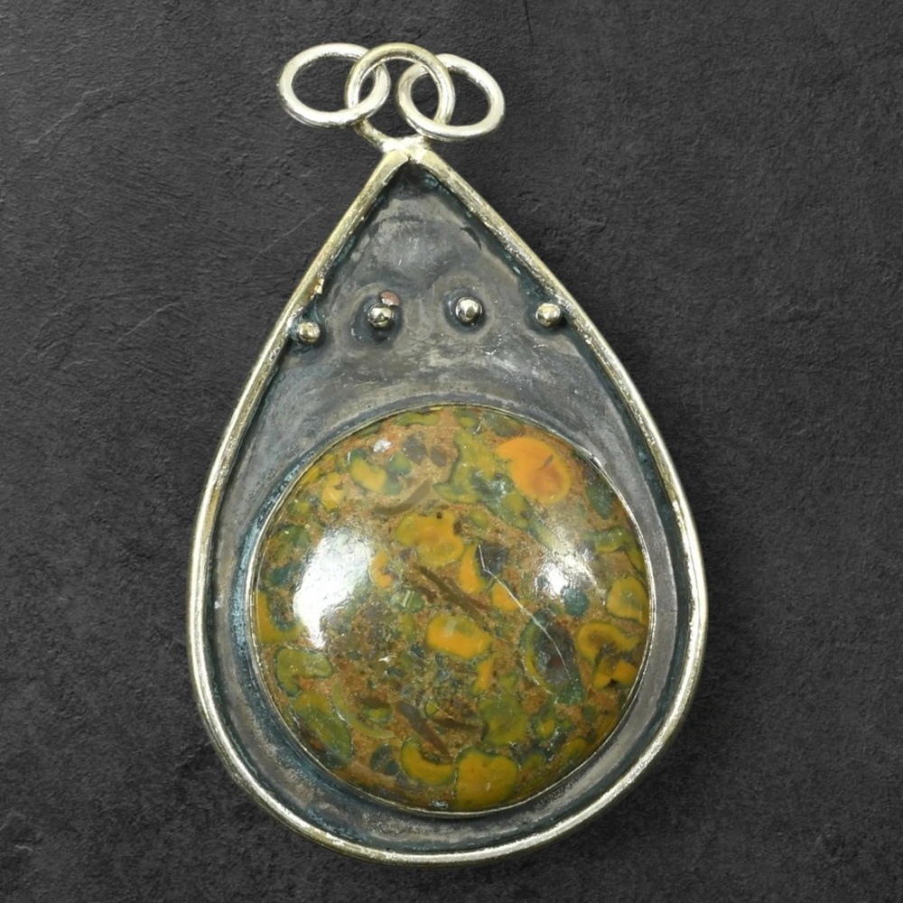 Artisan FRUIT JASPER Teardrop Pendant with Green and Yellow Hand Crafted #9140 - Picture 8 of 15